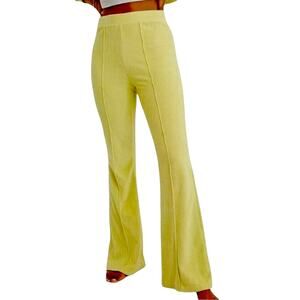 Aerie XS Chartreuse Rib Velour 70s Flare Pants | Retro Boho Wide Leg Trousers